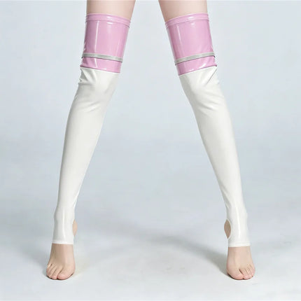 PU Faux Leather Patchwork Thigh-High Open-Foot Boot Stockings