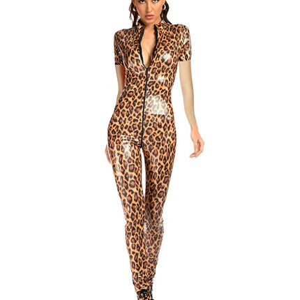 Leopard Print Open Crotch Wet-Look Faux Leather Jumpsuit Stage Cat-Suit Costume