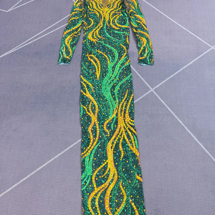 Gold & Emerald Swirl Rhinestone Illusion Maxi Gown Long Sleeve Floor-Length Evening Dress