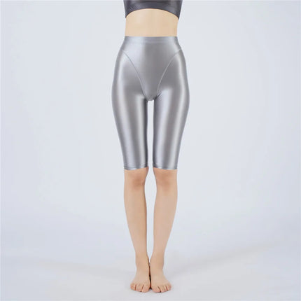 Oil Glossy High-Stretch Knee-Length Shorts Satin Shine Performance Biker Shorts