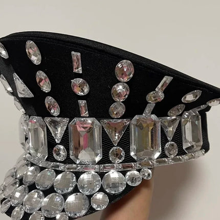 Rhinestone Studded Military Captain Hat & Stage Performance Security Cap