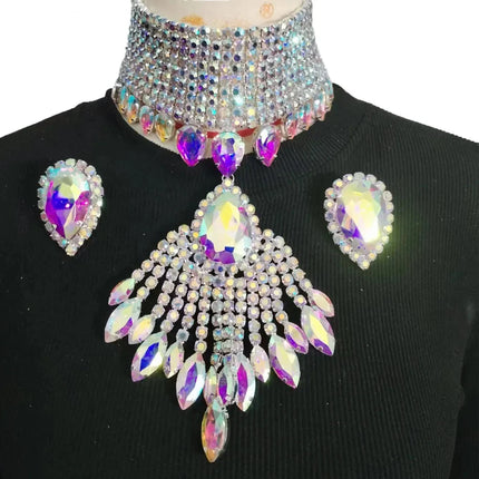 Oversized Crystal Rhinestone Tassel Choker & Earrings Drag Queen Jewelry Set