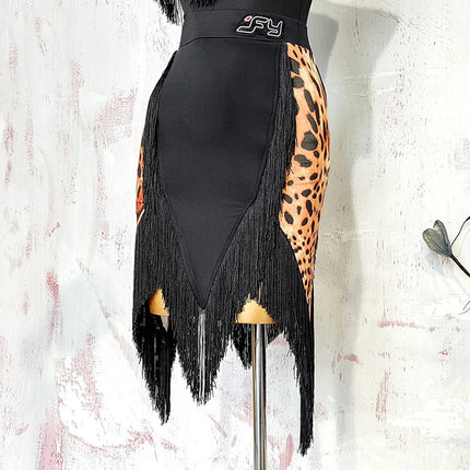 Black Open-Back Leotard & Leopard Print Fringe Skirt Latin Dance Costume Set