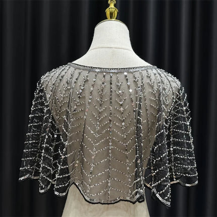 Sparkly Sequin & Beaded Leaf Mesh Capelet Evening Shawl Bolero Jacket