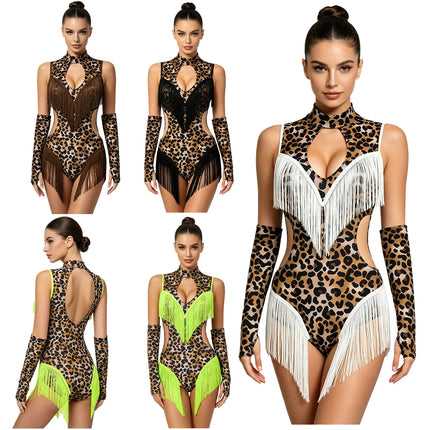 Leopard Cutout Bodysuit & Fringe Sleeves 2-Piece Latin Ballroom Stage Costume Set