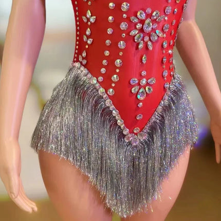 Sparkly Red Rhinestone & Tassel Sleeveless Bodysuit Dance Stage Costume