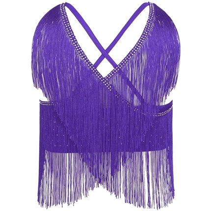V-Neck Crisscross Back Tassel Fringe Crop Top Latin Salsa Dance Costume