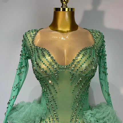Luxury Green Diamonds Mesh See-Through Long Sleeve Jumpsuit Stage Performance Costume