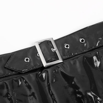 High-Waist Patent Leather Wet-Look Briefs with Adjustable Back Buckle Belt