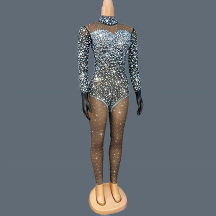Silver Crystal Black Stocking Jumpsuit Drag Queen Nightclub Performer Catsuit