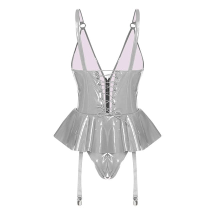Glossy Wet-Look Halter Romper Bodysuit with Flared Skirt Hem & Integrated Garters