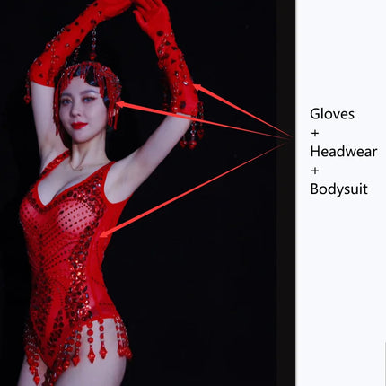Sexy Nightclub Bar Gogo Dance Costume Red Rhinestones Fringe Mesh Bodysuit Gloves Performance Stage Wear Party Show Rave Outfits