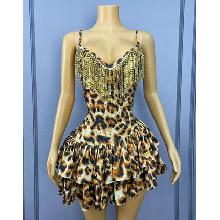 Leopard Print Crystal Sling Showgirl Mini Dress – Glamour Stage Performance Costume
