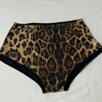 Sequined Top & High-Waist Leopard Print Shorts 2-Piece Gogo Dance Set