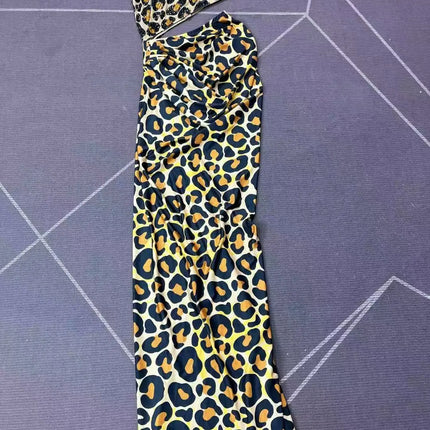 Leopard Print Rhinestones High Split Bodycon Dress Evening Party Stage Performance Outfit
