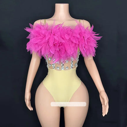 Fluffy Feather & Rhinestone Bodysuit Gogo Stage Performance Costume