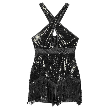 Sequined Fringe Cross-Front Latin Dance Leotard Costume Dress