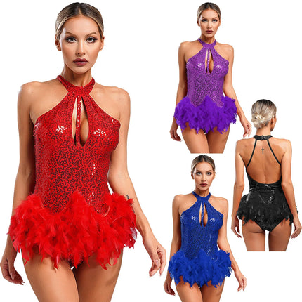 The Stardust Empress Royale – Sequined & Feathered Latin Dance Leotard Dress