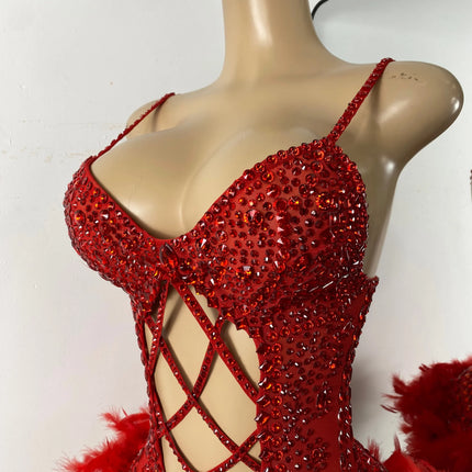 The Stardust Follies Feather Bodysuit – Luxury Rhinestone & Mesh Showgirl Costume