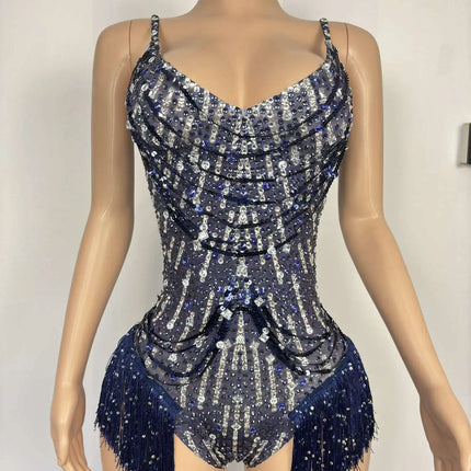 Sparkly Rhinestone Tassel Fringe Dance Leotard Nightclub Stage Performance Bodysuit