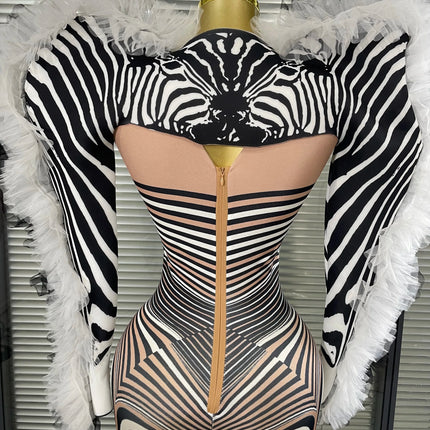 Zebra Print Illusion Catsuit & Feather Wing Bolero Jacket 2-Piece Stage Costume Set