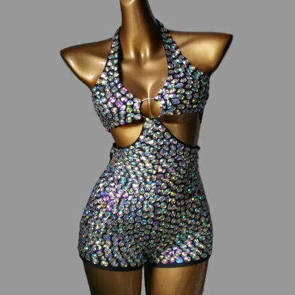 3-Piece Crystal Bra & Mesh Cover-Up Set – Luxury Rhinestone Bikini, Sling Dress & Gauze Skirt Ensemble for Festivals & Beach Clubs