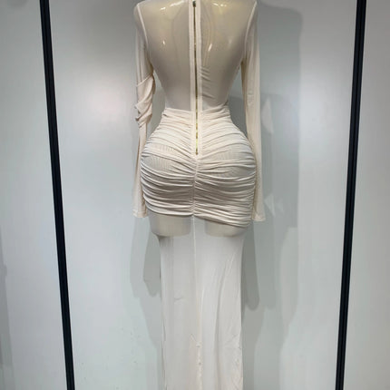 Ruched Mesh Draped Bodycon Maxi Dress Long Sleeve Illusion Evening Gown
