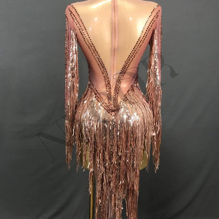 Gold Crystal Fringe Illusion Mini Dress Sparkly Rhinestone Stage Dance Costume