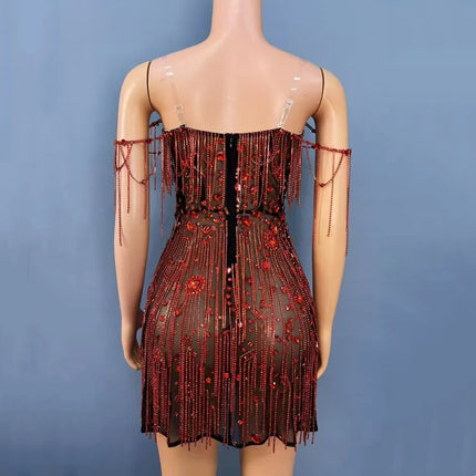Red Party Diamond Chains Strapless Dress Women Evening Celebrate Red Carpet Catwalk Cocktail Dress Singer Concert Stage Costume
