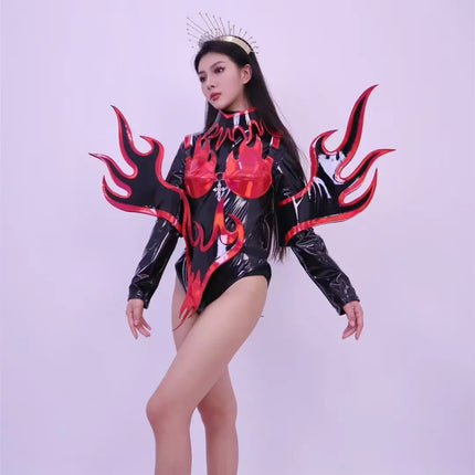 Flame Patent Leather Bodysuit & Sculpted Wing Shoulders 2-Piece Stage Costume Set