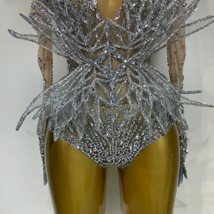 Luxury Shining Diamond See-Through Mesh Bodysuit Stage Performance Jumpsuit