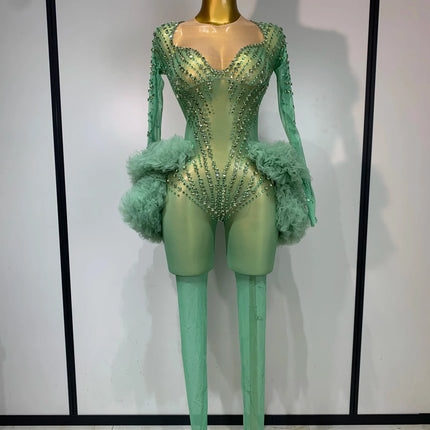 Luxury Green Diamonds Mesh See-Through Long Sleeve Jumpsuit Stage Performance Costume