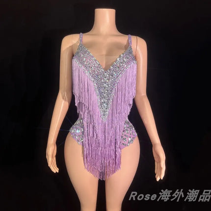 Custom Fringe Rhinestone Bodysuit & Stage Performance Dance Costume