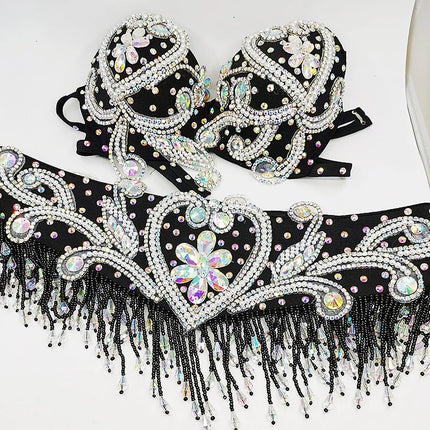 Sparkly Beaded Belly Dance Bra & Fringe Hip Belt Two-Piece Stage Costume Set
