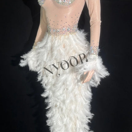 Sparkly White Rhinestone & Feather Sheer Mesh Long Evening Gown Stage Costume