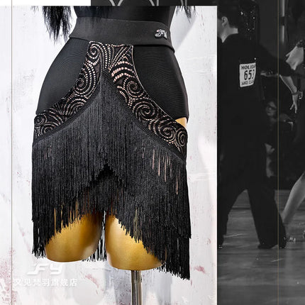 Black Fluffy Dance Leotard & Fringe Practice Skirt Latin Performance Costume Set