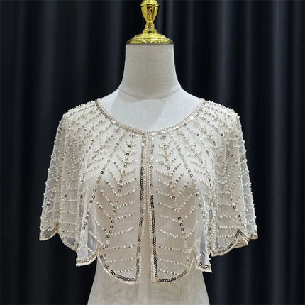 Sparkly Sequin & Beaded Leaf Mesh Capelet Evening Shawl Bolero Jacket