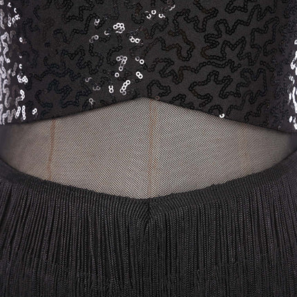 Women Sequins Diamond Latin Jazz Dance Costume Sleeveless Cutout Back Flowy Tassel Dress Leotard Tango Cha-Cha Samba Dancewear
