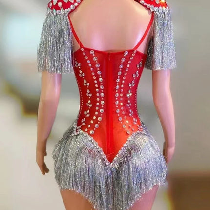 Sparkly Red Rhinestone & Tassel Sleeveless Bodysuit Dance Stage Costume