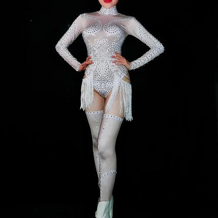 White Pearl & Crystal Rhinestone Bodysuit Sheer Mesh Leggings Illusion Stage Costume Set