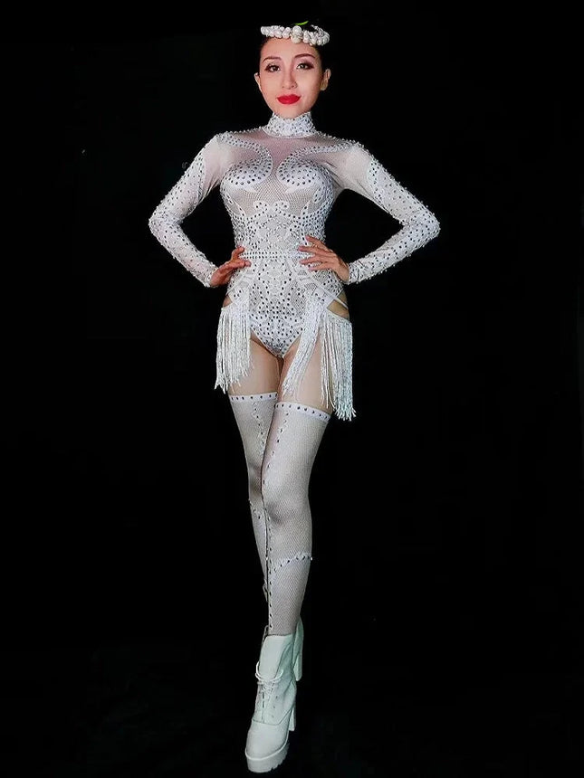 White Pearl & Crystal Rhinestone Bodysuit Sheer Mesh Leggings Illusion Stage Costume Set