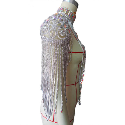 Long Rhinestone Chain Tassel Fringe Chocker Shoulder Necklace Body Jewelry