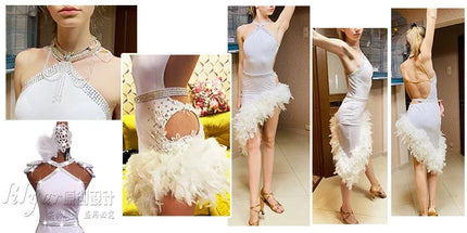 The Stardust Swan Queen – White Feathered Embroidered Latin Dance Competition Dress Set