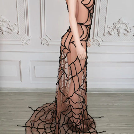 Dramatic Spider Web Crystal Mesh Floor-Length Sheath Dress Stage Costume