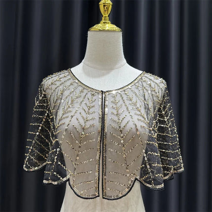 Sparkly Sequin & Beaded Leaf Mesh Capelet Evening Shawl Bolero Jacket