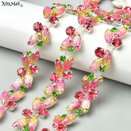The Stardust Pink Blossom – Glitter Pink Leaf Glass Rhinestone Chain & Trim Applique