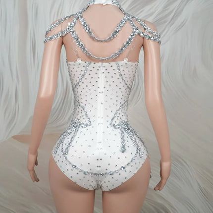 Sparkly Rhinestone Tassel Spandex Bodysuit Halter Dance Stage Costume Leotard