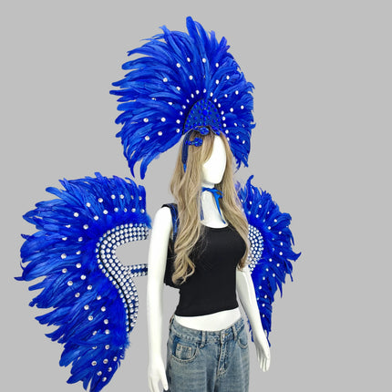 Carnival Elegant Ladies Feather Headdress Wings Two-Piece Role Play Catwalk Halloween Masquerade Carnival Party Suit