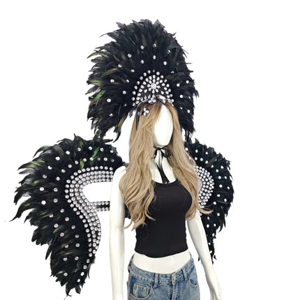Carnival Elegant Ladies Feather Headdress Wings Two-Piece Role Play Catwalk Halloween Masquerade Carnival Party Suit