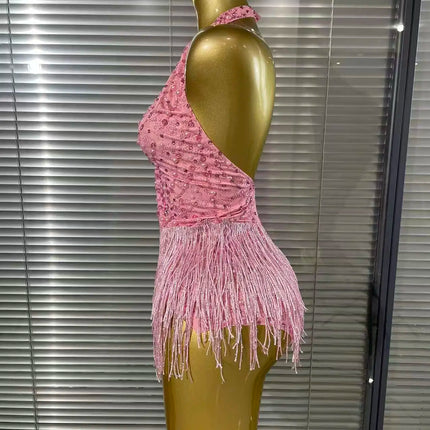 Vintage-Inspired Beaded Tassel Bodysuit Performance Costume